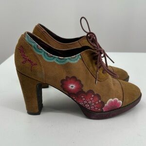 Desigual Women's Floral Suede High-Heel Oxford Block Heel Size 39 Artsy Boho